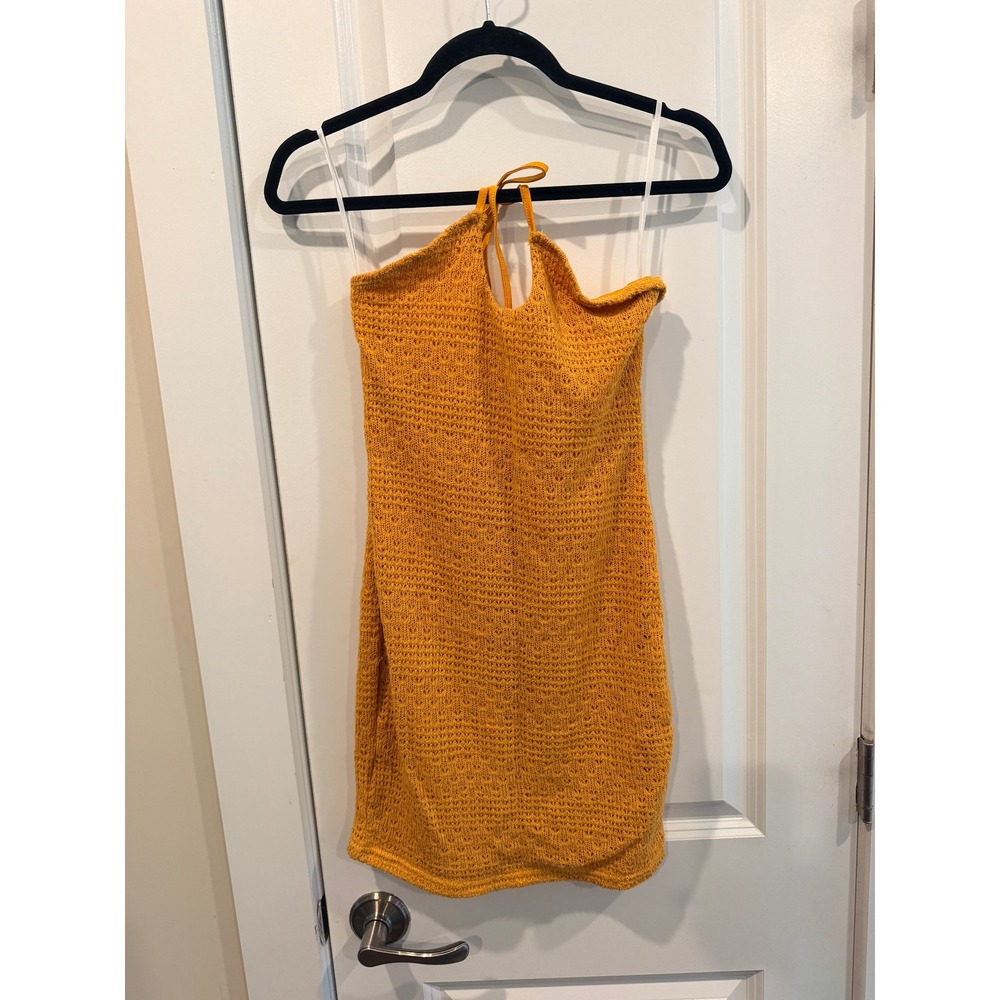 Shein Orange Pointelle Knit Halter Mini Dress Small Sleeveless Bodycon 6402